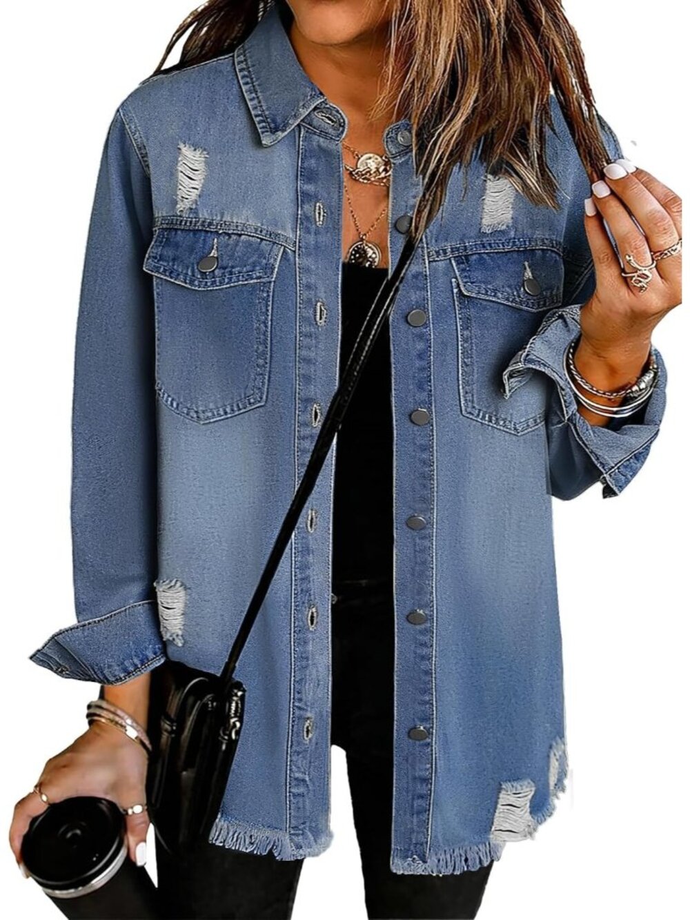 Women’s Night Blue Button Down Oversized Distressed Denim Jean Jacket Shacket